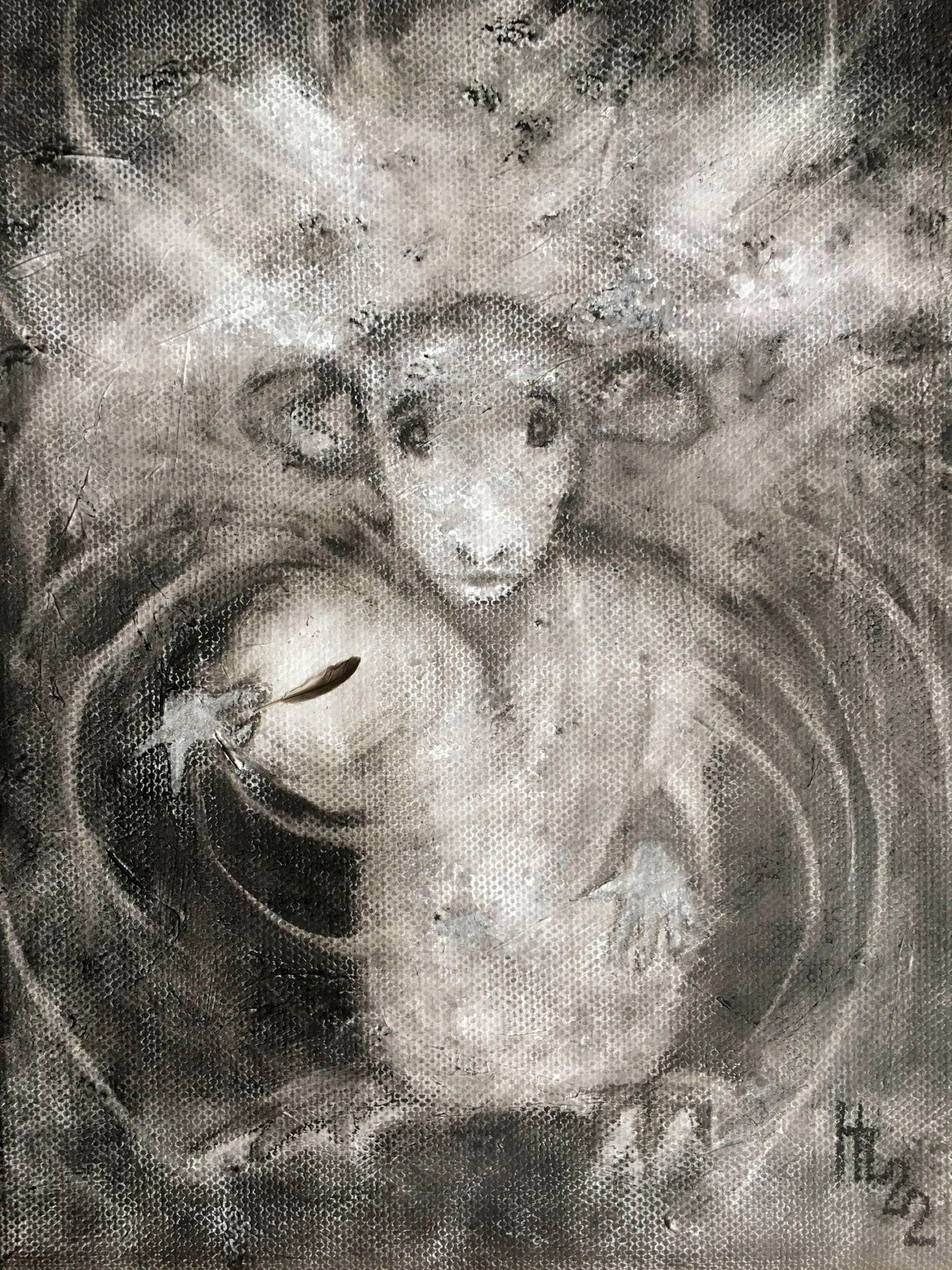 Heini Lehväslaiho, Taikuri / Magician, 2022
akryyli, liitu, höyhen kankaalle,
30 x 25 cm