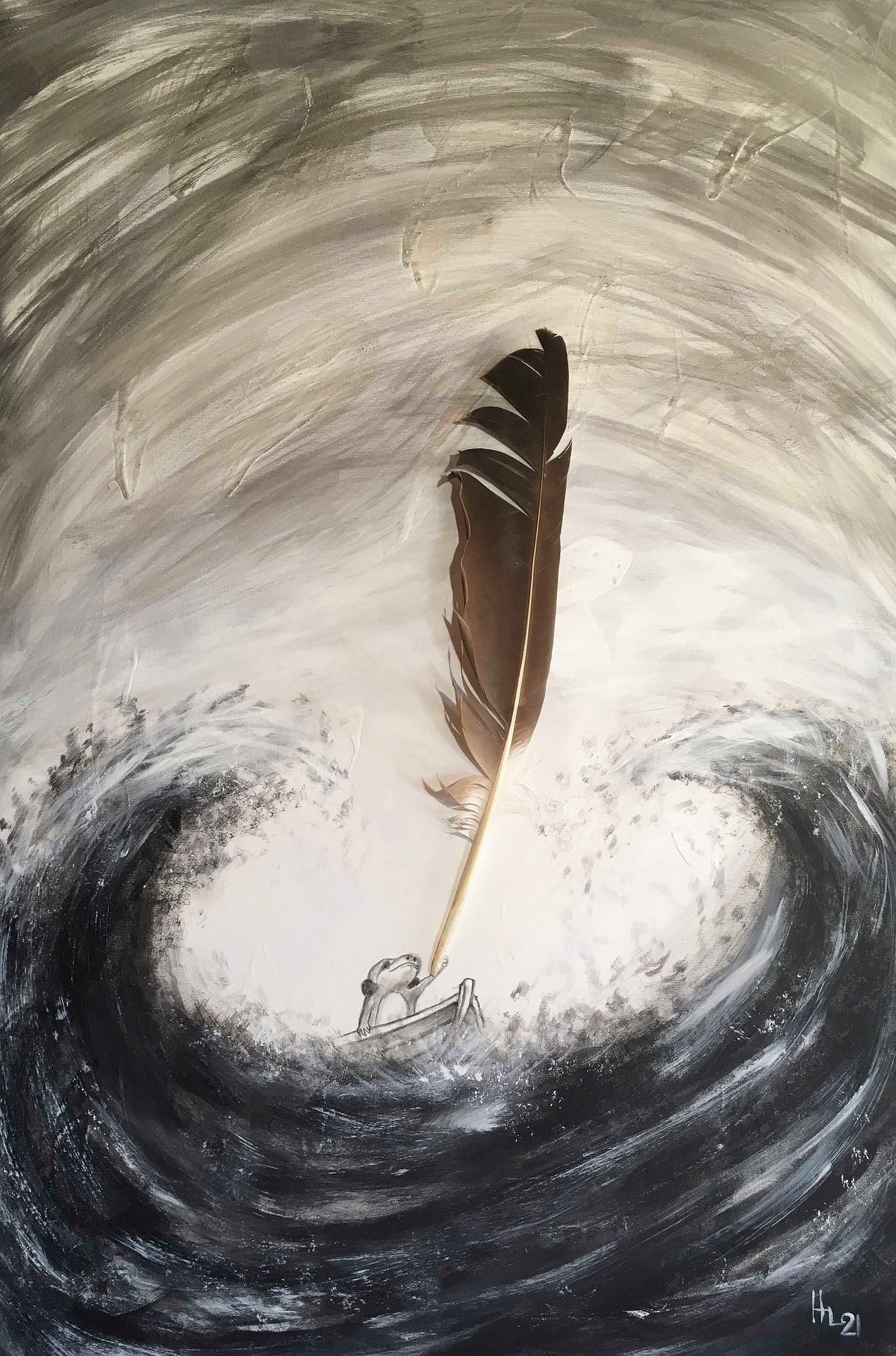 Breakwater / Aallonmurtaja, 2021, acrylics, white-tailed eagle feather, 100x70cm