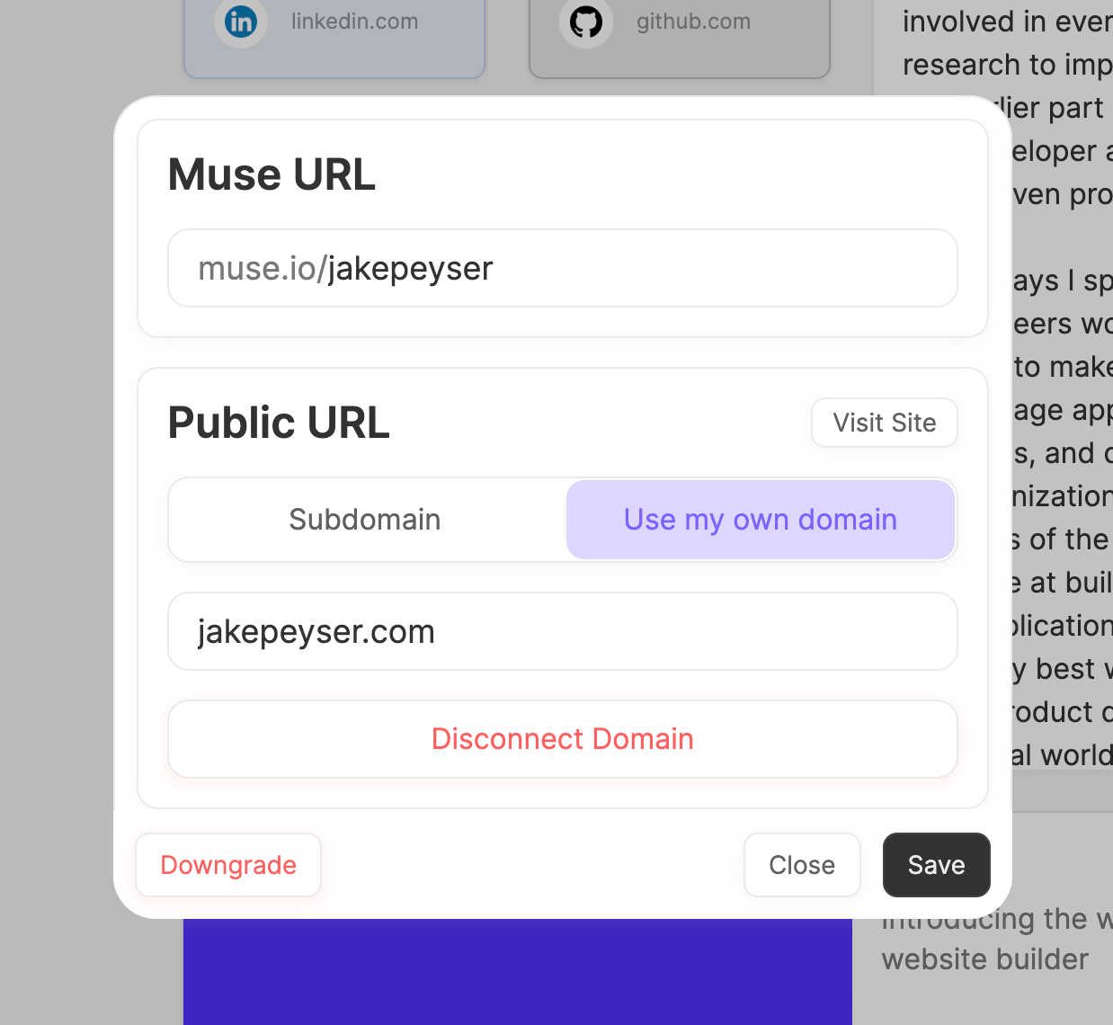 Muse Premium subscribers can buy or connect a custom domain to their site