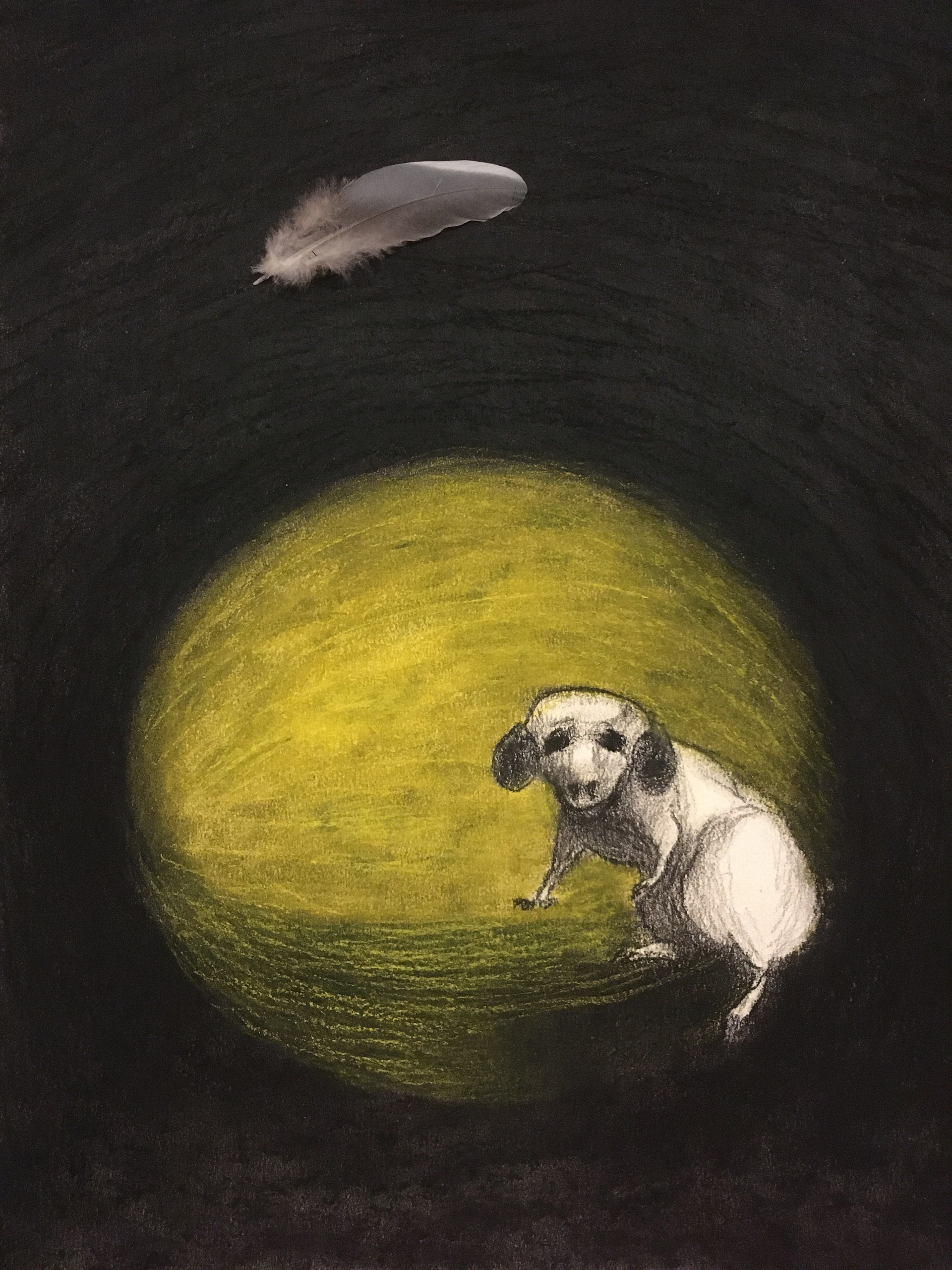 On The Edge of Space, 2022
acrylics, pastel, feather on paper
40x30cm