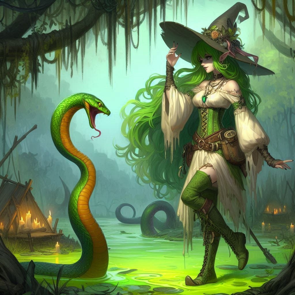 Witch Keziah and her pet asp named Sweetie enjoy the flowering plants in their swamp. She can't leave because soul Lucinda put a curse on her.  