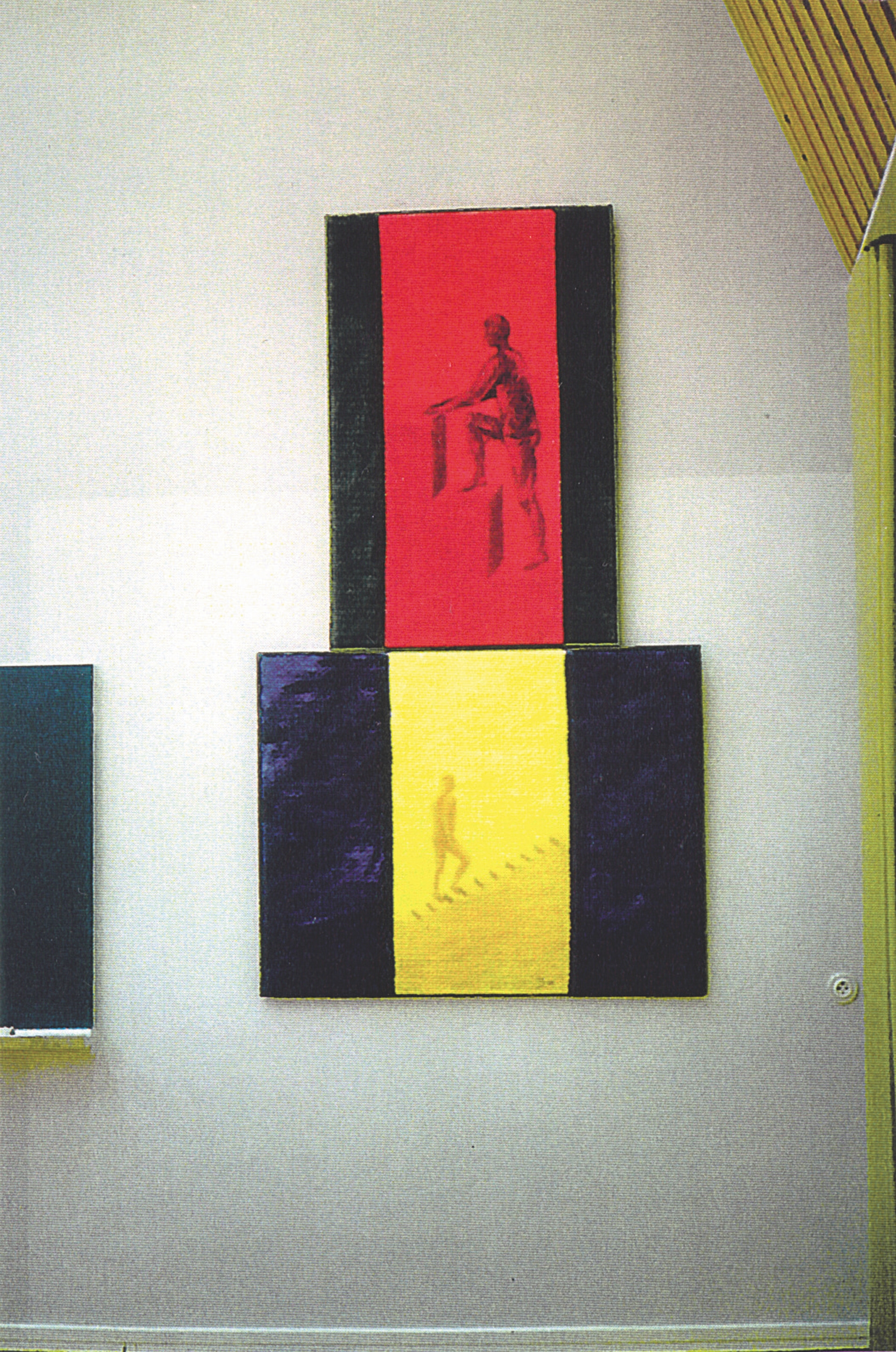 "Step"
Hand woven and painted art textile, Materials: hand-woven cotton Size: height 210 cm, width 118 cm Year: 1989, Place: Kaaro School, Rauma, Finland