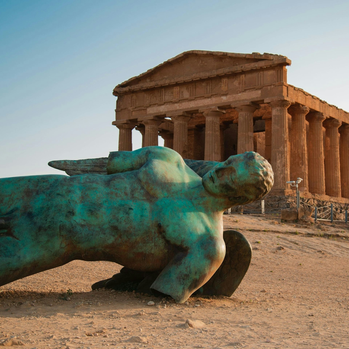 Icarus Statue in front of Temple of Concordia at Agrigento Valley of the Temple, Sicily