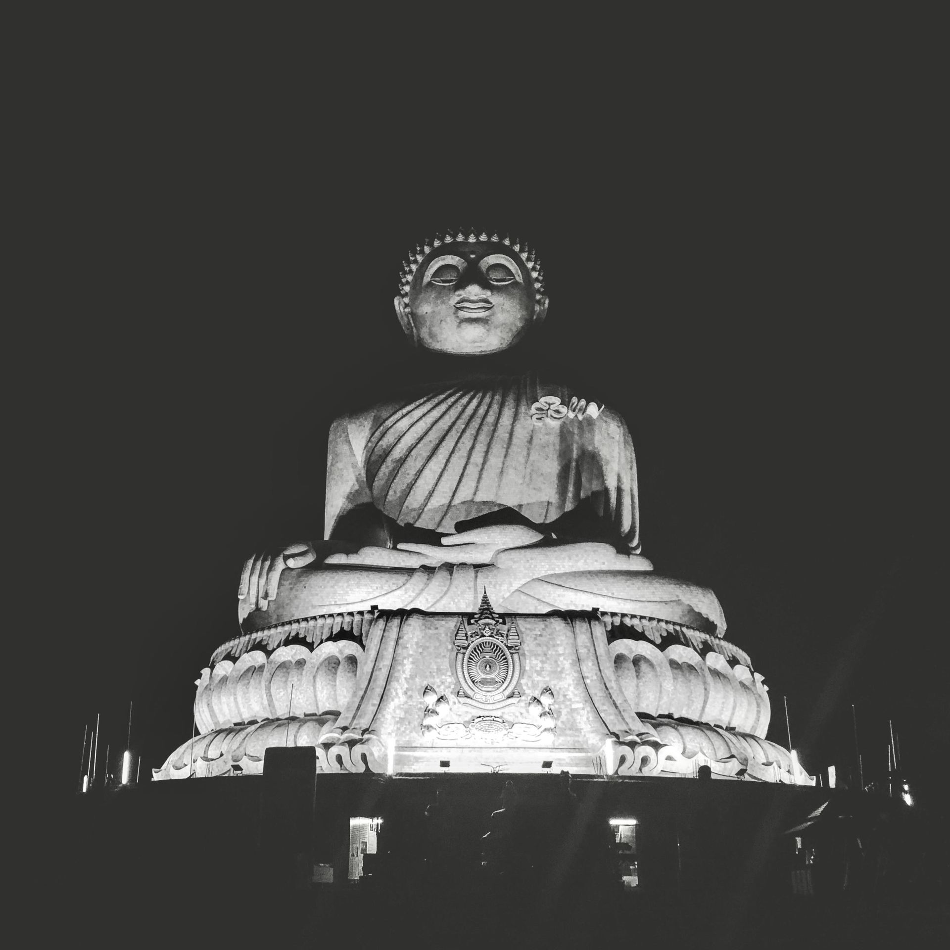 Grayscale Photo of the Ming Mongkol Buddha in Phuket, Thailand