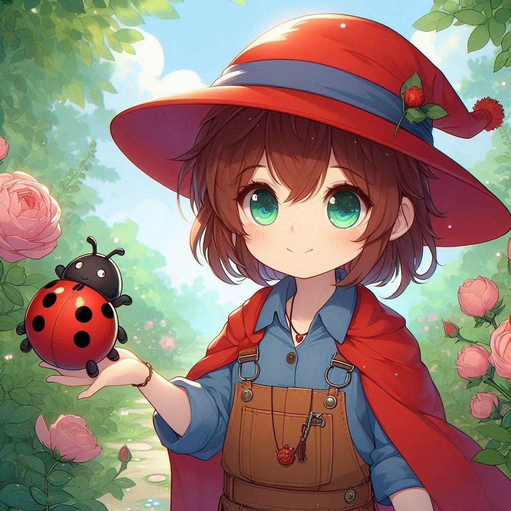 Calli a young red hat wizard and her ladybug Meara.