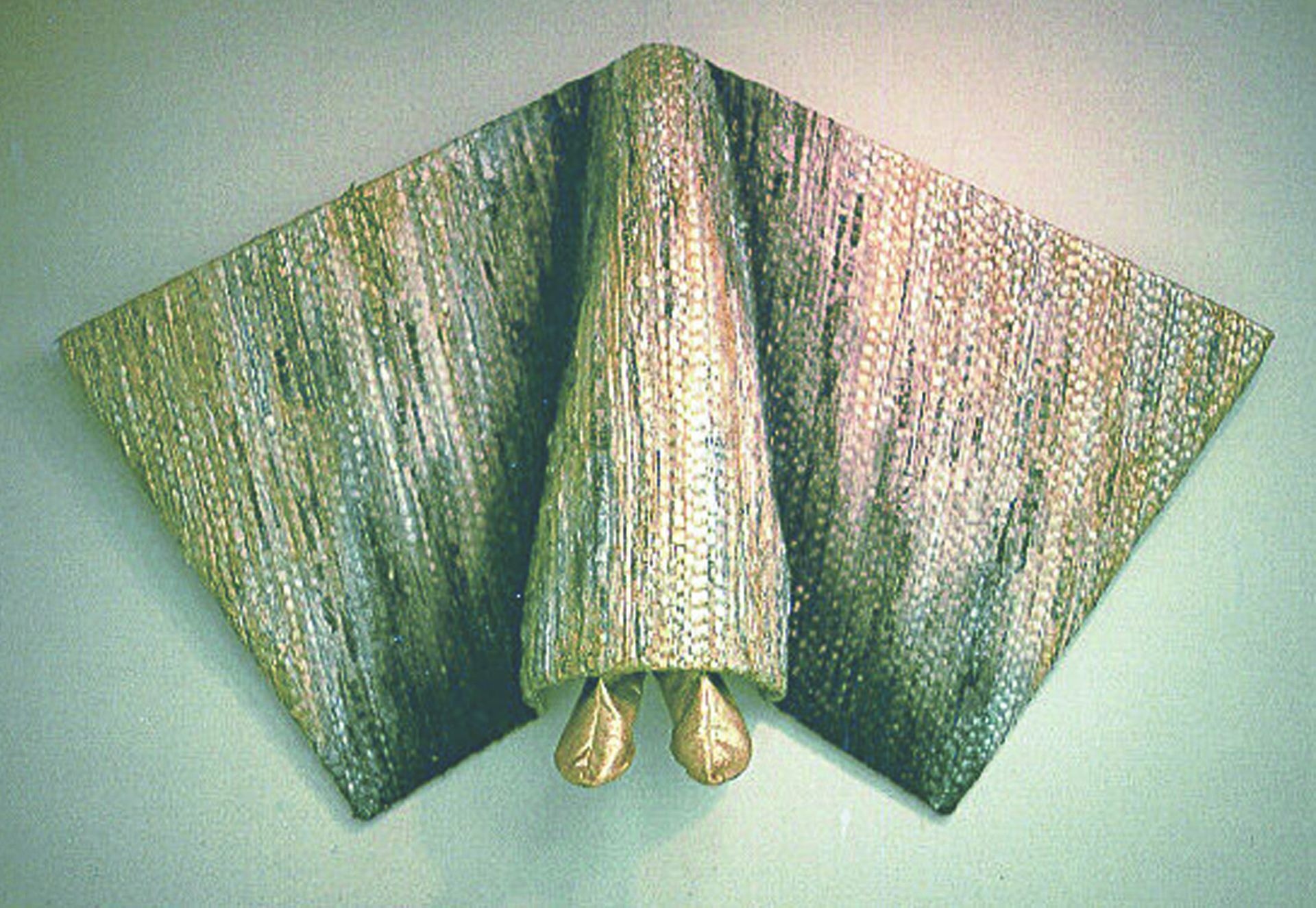 "Candidate" 1993, hand woven newspaper and cotton streched on wooden frame, shoes, textile paint, size 100cm x 150cm