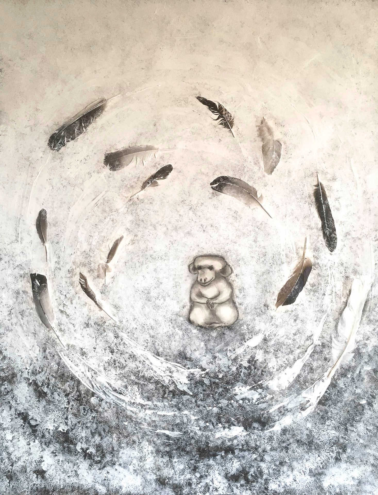 Keveyden kehä / A Circle of Lightness, 2021
akryyli, sulka paperille
74x56cm