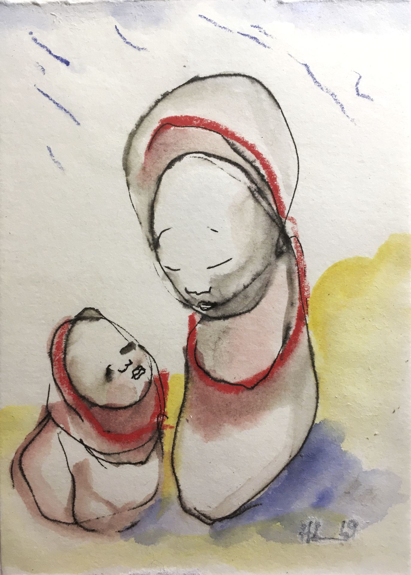 Rakkaus, rasvaliitu, akvarelli, 2019, 15 x 10cm (30 x 30 cm)