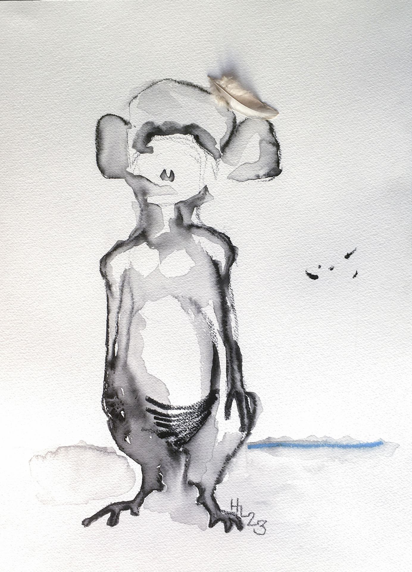 JOKU ON RANNALLA / ANYONE IS ON THE BEACH, 2023, vahaliitu, höyhen paperille, 40x30cm