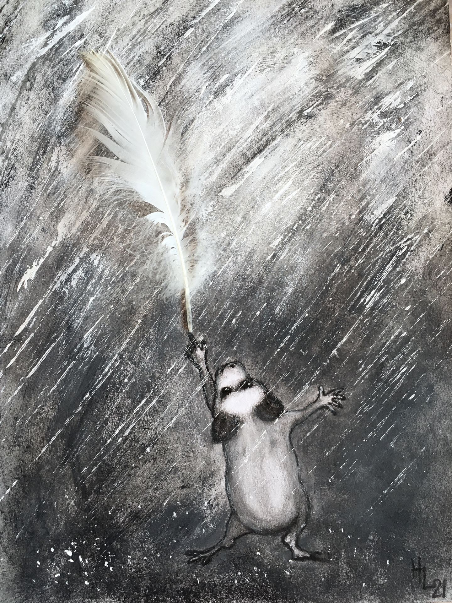 Taivaan tavoittelija / Reaching For The Sky, 2022, akryyli, liitu, höyhen paperille, 40x30cmjpg