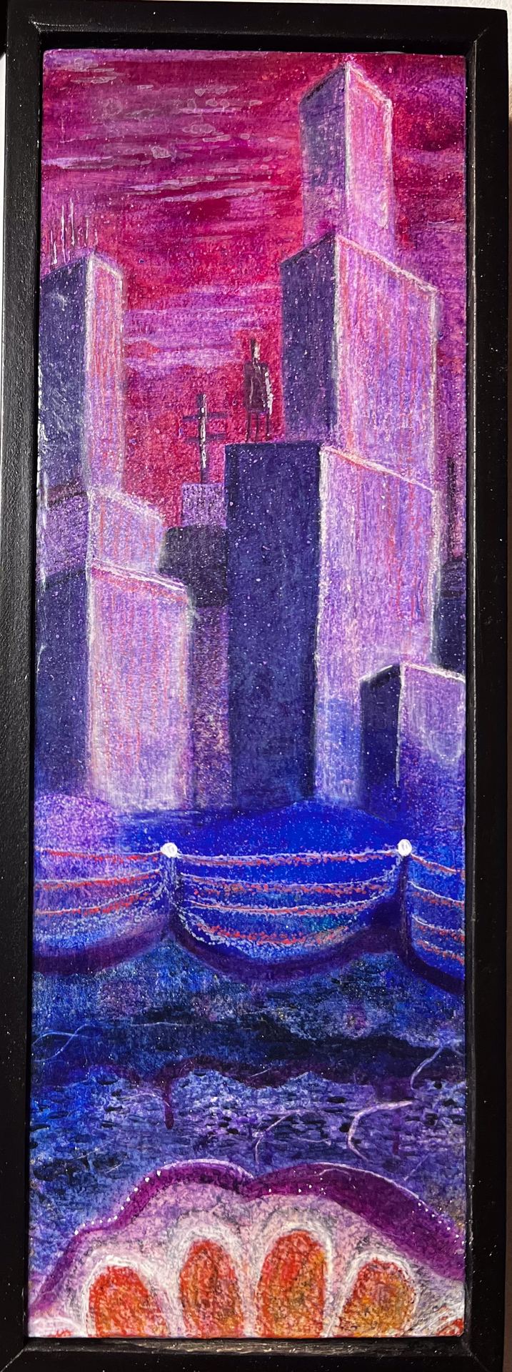 'From A Seat On A Whirling Waltzer', 2023. Mixed media on panel. 4"x12".
For Sale, Framed. $175
