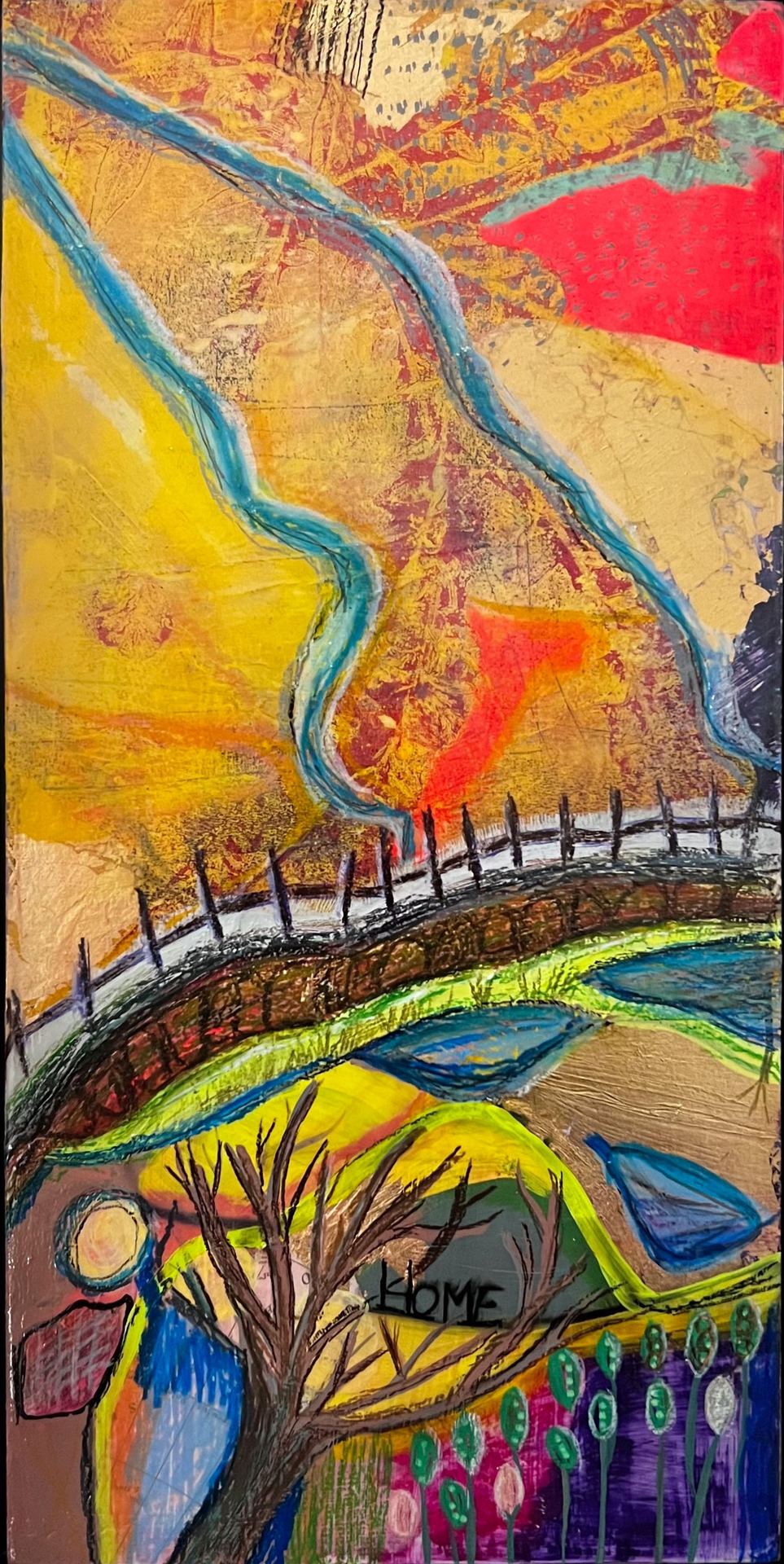 'Home', 2023. mixed media and acrylic on panel. For Sale. Framed in floater frame with gold edging. $450