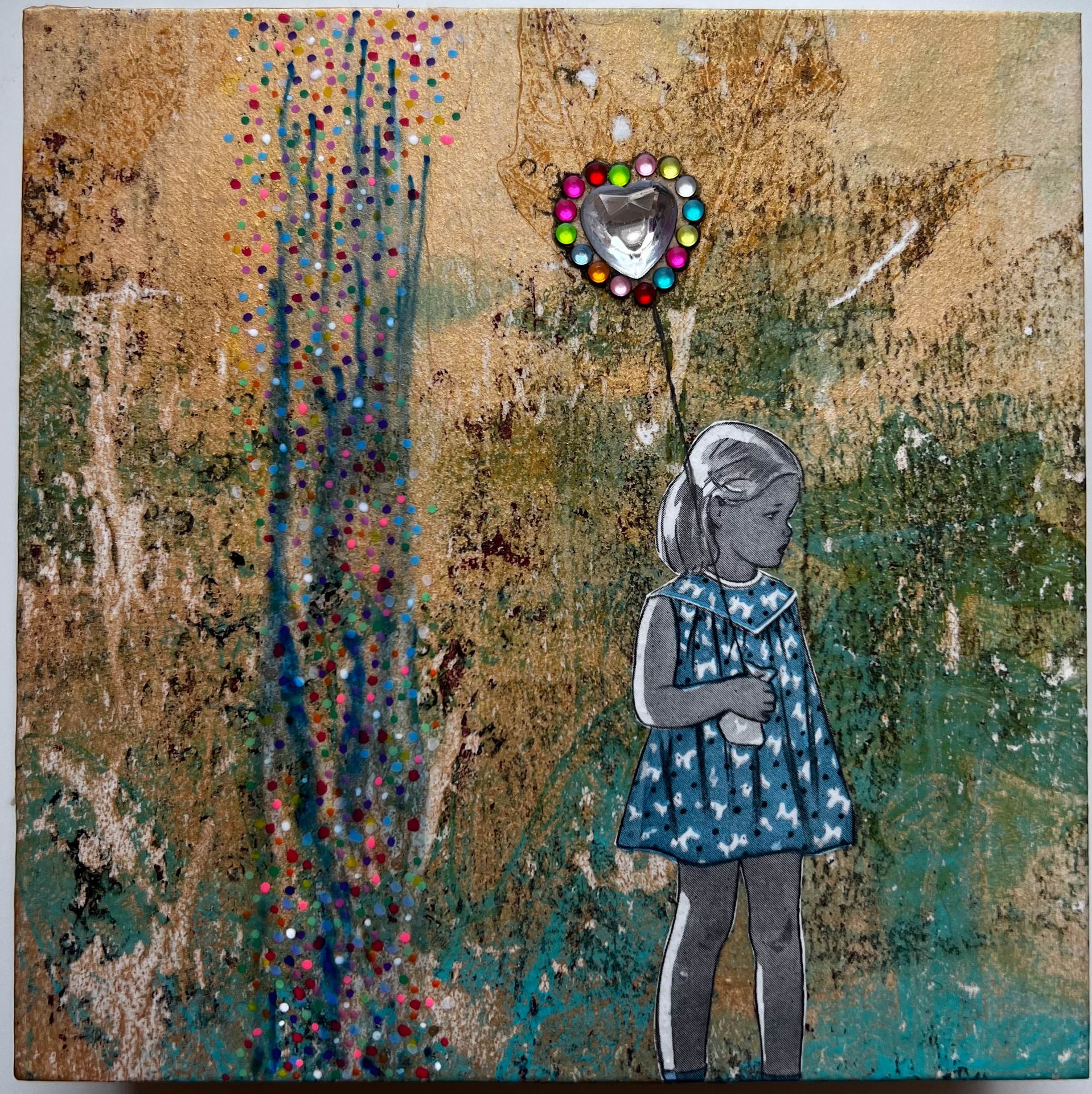 Girl In A Blue Dress, 6"x6". mixed media on 2" deep gallery wood panel. 2023. SOLD.