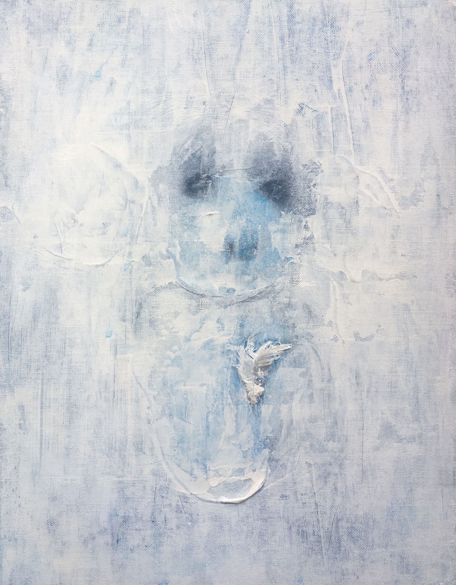 Paino / Weight, 2023, akryyli, sulka, 40x30cm