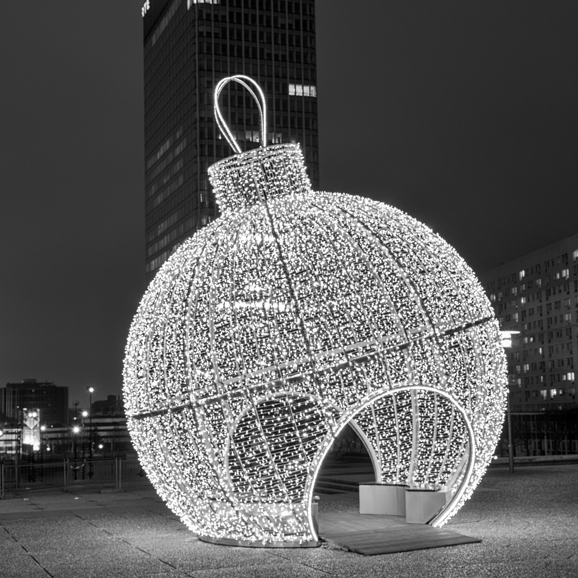 Grayscale Photography of Lighted Bauble Park