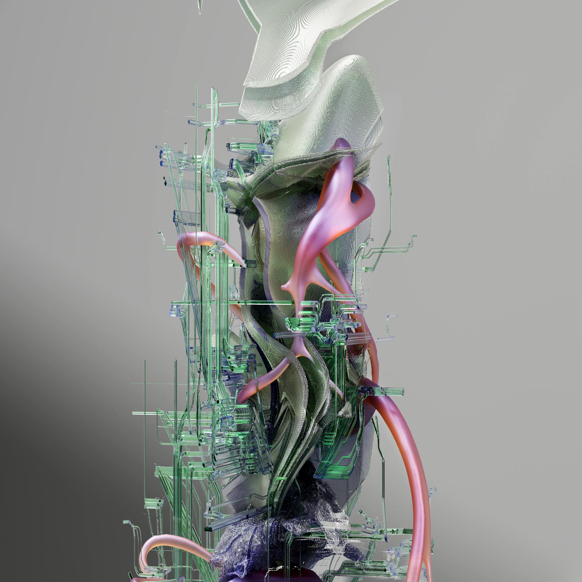 A futuristic digital abstract sculpture visualizing AI networks.