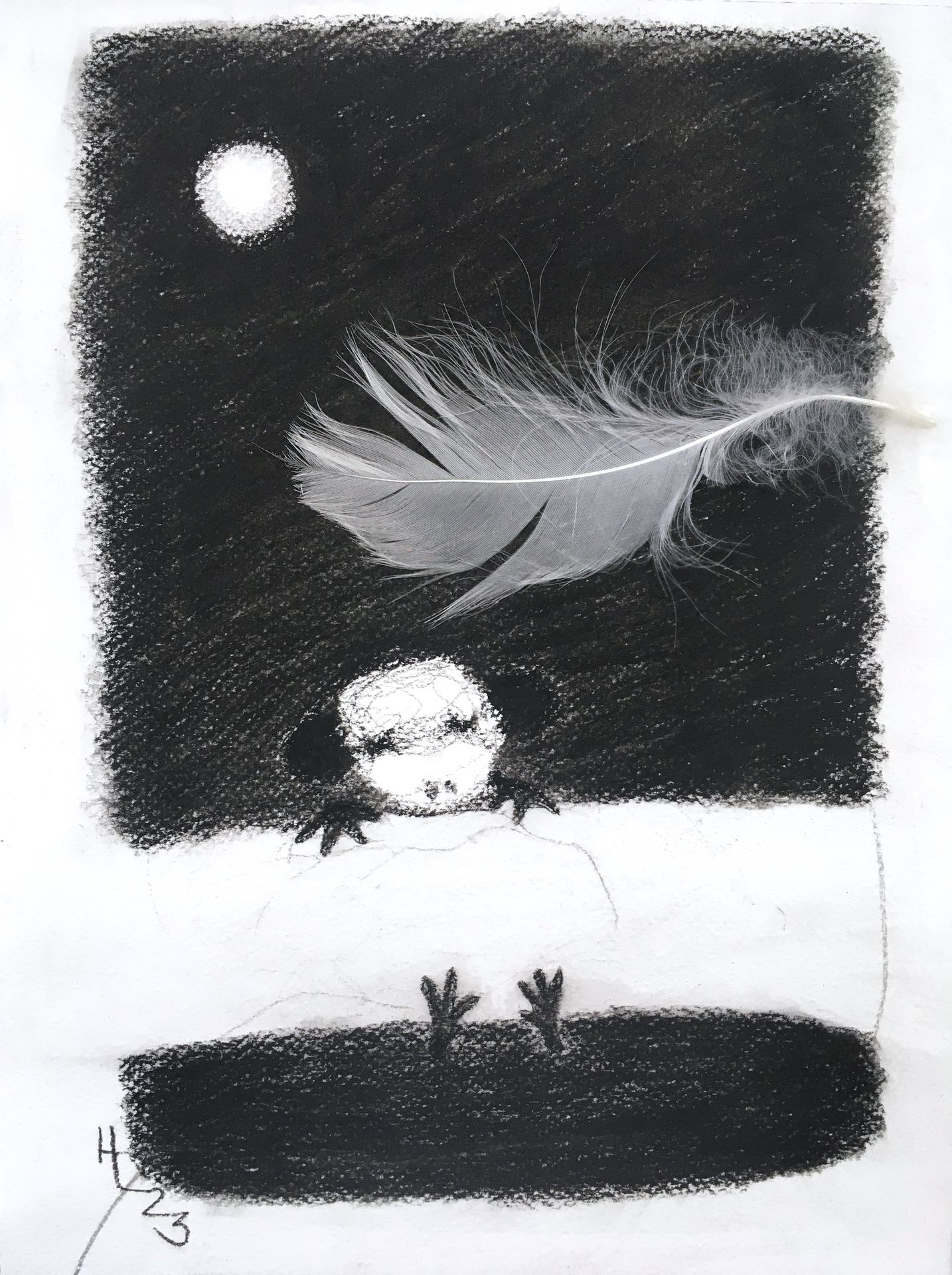 YÖLINTU / NIGHTBIRD, 2023, grafiitti, höyhen, 30x23cm