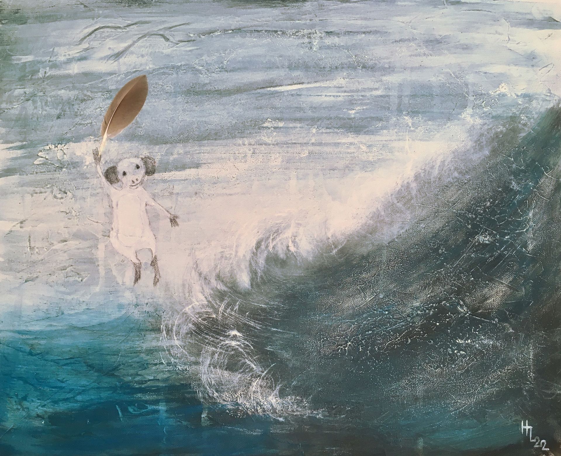 Myrsky / Tempest, 2022, akryyli, sulka kankaalle, 30x40cm