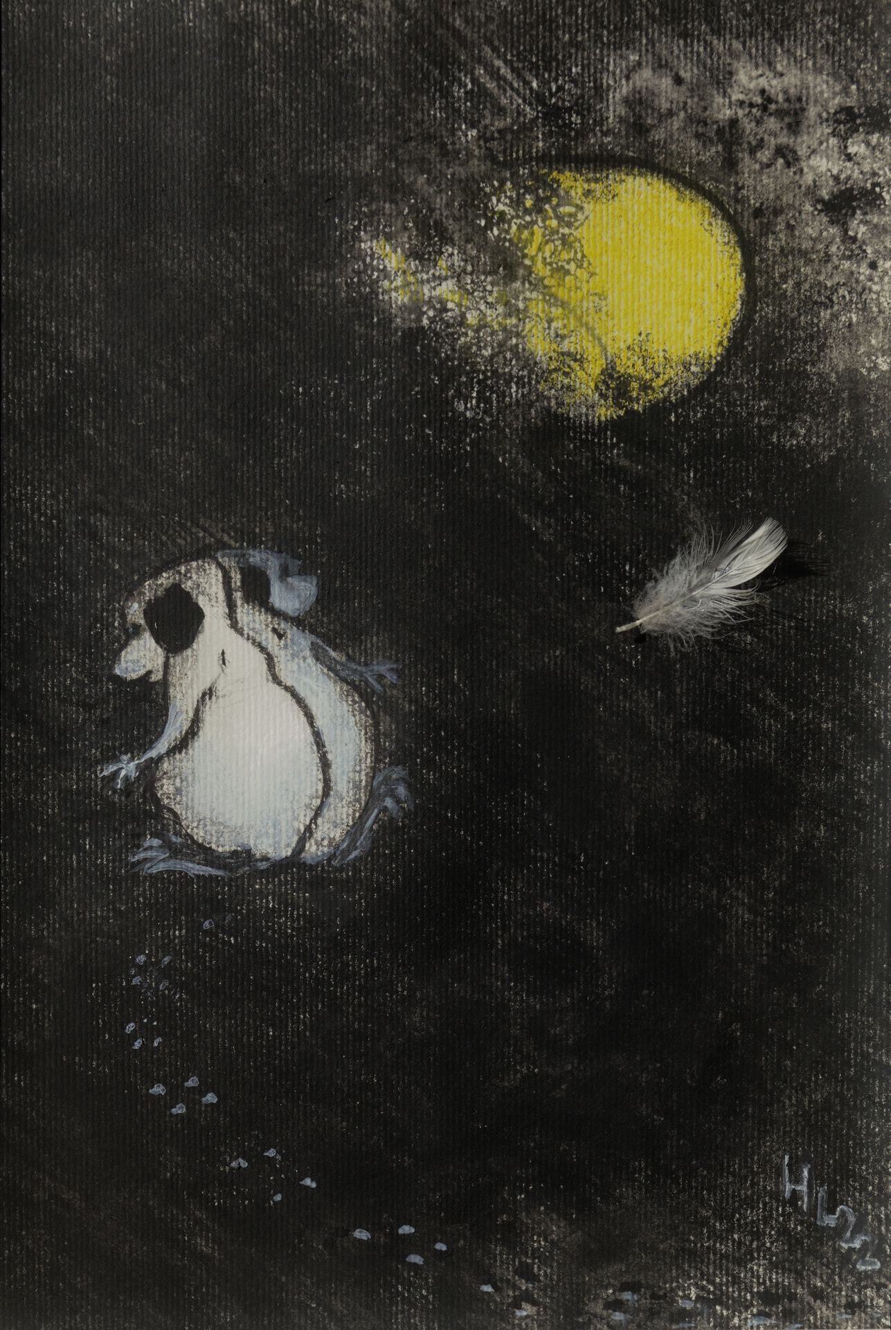 Yllätys / Unpredicted, 2022, vahaliitu, grafiitti, höyhen paperille, 30x20cm MYYTY