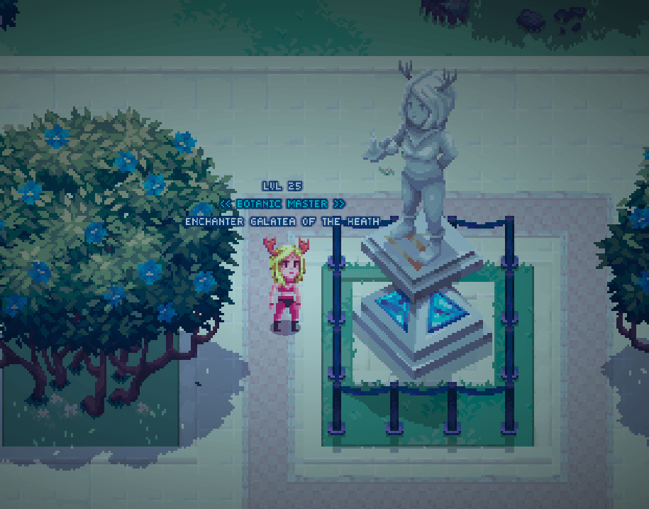 Galatea standing next to her statue (Runiverse Game)