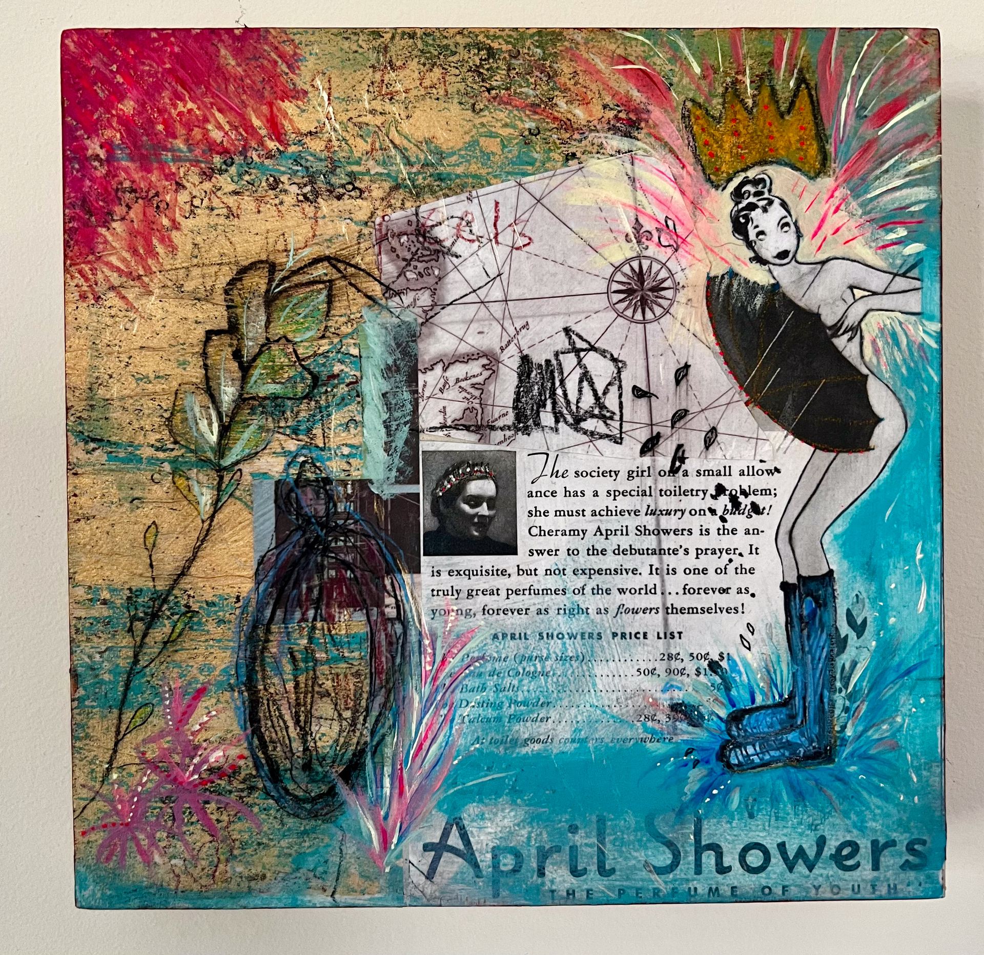 April Showers, 8"x8", mixed media on wood panel. 2023. SOLD.