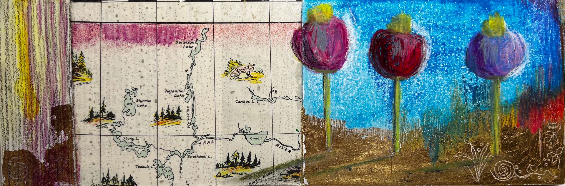 From Baralzon To Caribou, 4" x 12", mixed media on wood panel. Can be sold framed or unframed. 2023. $200